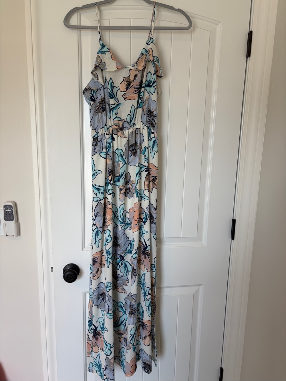 Floral Ruffle Maxi Dress - White with Blue & Peach Floral